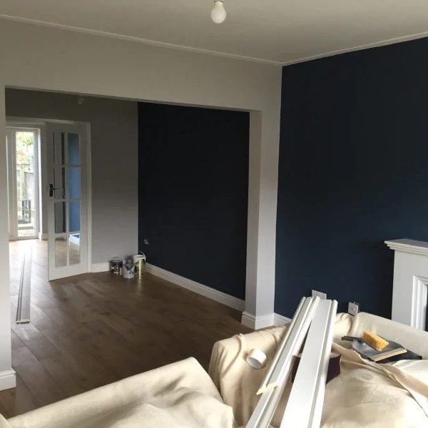 Interior painted navy walls with grey coving